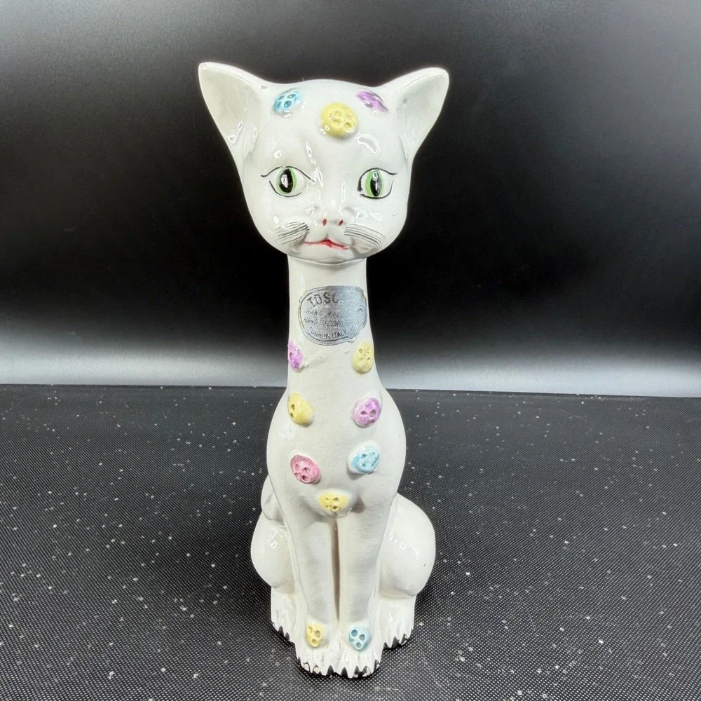 Vintage Tosca Italy Ceramic Cat Figurine MCM Hand Painted White Pastel Buttons